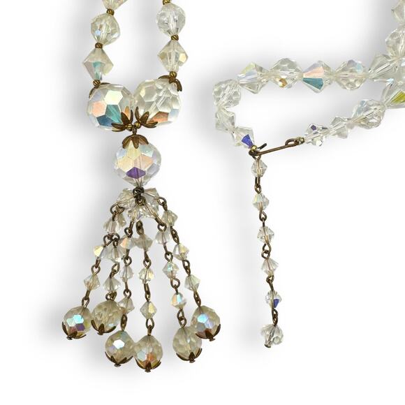 Aurora Borealis Glass Crystal Bead Necklace Long Necklace Tassel Gold Tone 50s - Picture 3 of 16